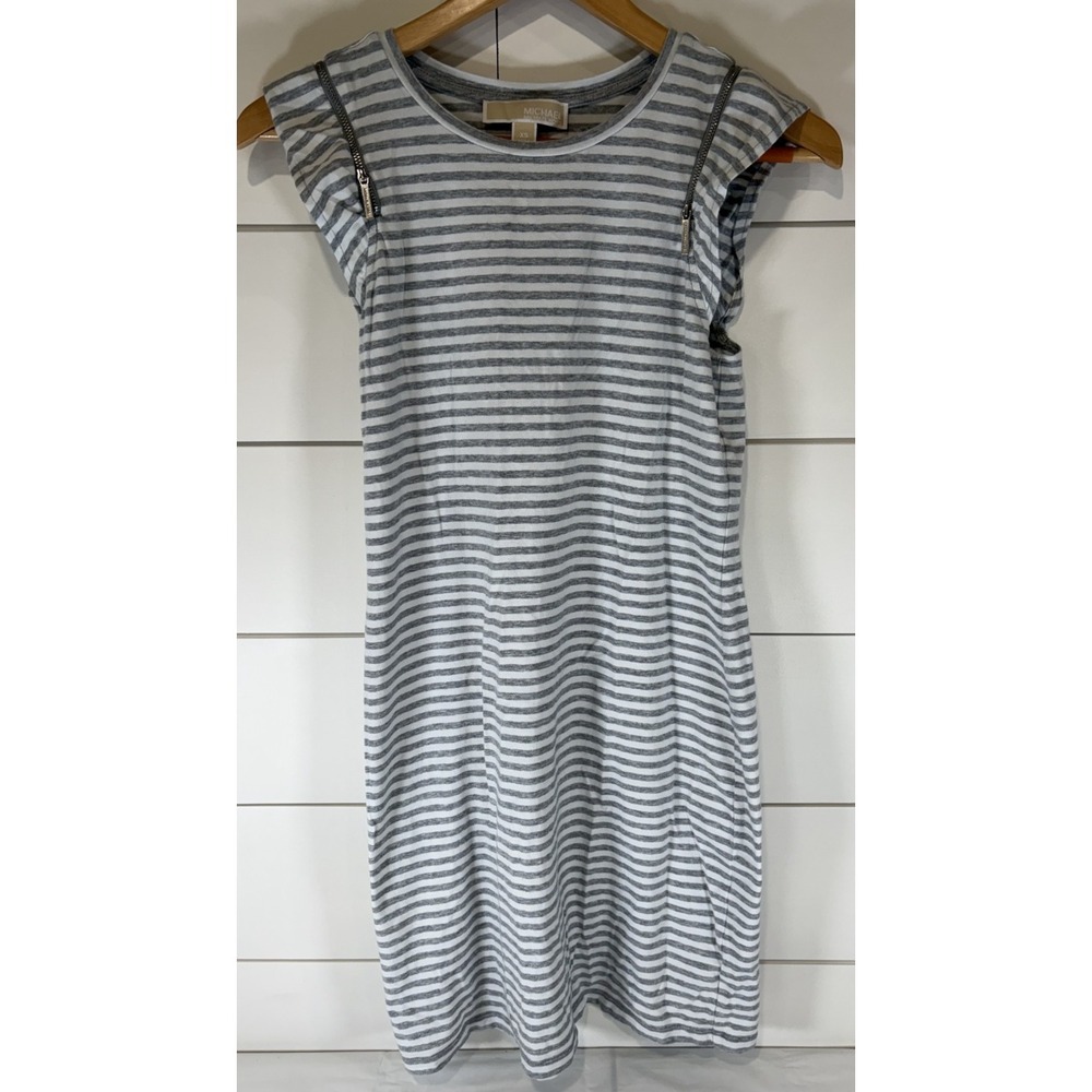 Michael Kors Striped Dress XS Grey Gray White Gold Zipper Shoulder Casual